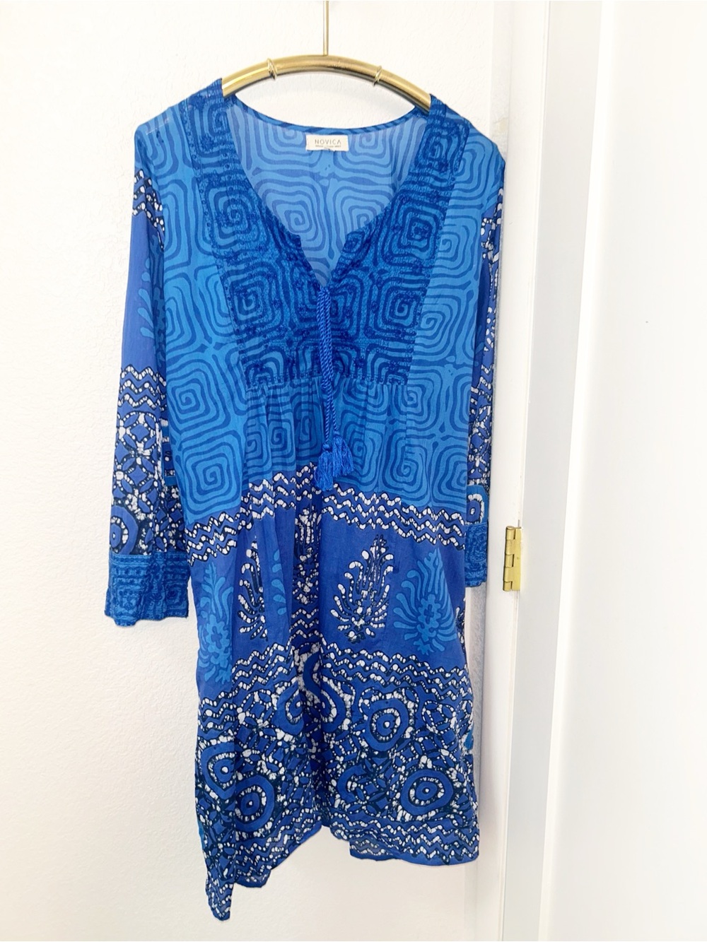 NOVICA The 💯 Cotton Embroidered Heavenly Blue Made In India Batik Dress SZ: L